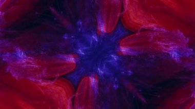 Fütüristik fraktal. Mavi parıltı sıvısı, su dinamik simetrik kaleydoskop soyut arkaplanındaki aynalı kırmızı çiçek yaprakları üzerinde hareket eder..