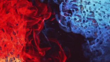 Piksel alevleri. Buz ateşi. Parlak kırmızı renk piksel gürültü efektli duman bulutu dalgası koyu siyah sanatın soyut arka planında sıcak soğuk kontrast.