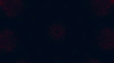 Alev çiçeği mandala kırmızı turuncu kaleydoskop. Siyah dinamik simetrik soyut arkaplanda kıvılcımlar saçan çiçek deseni..