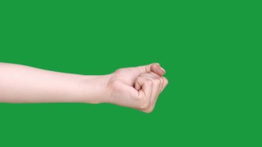 Dikey video. Protesto kolu. Zorlu bir yumruk. Kadın kaldırılmış sıkılmış el uyarısı jesti yeşil krom anahtar boş arkaplan üzerinde izole.