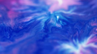 Boya serpintisi. Akrilik sıçrama. Odaklanmamış mavi pembe renk parçacıkları dokusu sıvı dalga akışı soyut sanat arka planı.