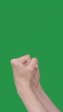 Dikey video. İlk tehdit. Boks jesti. Protesto dövüşü. Yeşil renkli anahtar boş arkaplanda izole edilmiş elleri sımsıkı bağlı kadın uyarısı.