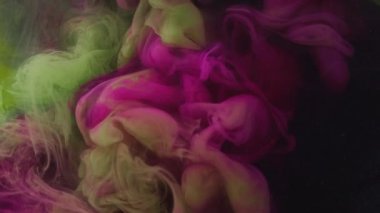 Sıvı boya. Artistik fırça. Güzel tasarım. Pigment su altında yavaş karışım hareketi. Modern sanatın soyut arka planında mor yeşil renk karışımı.