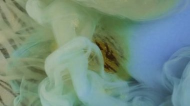 Renkli sis. Suyu boya. Yeşil mavi mürekkep kıvrımlı pastel boya kozmik yıldız tozu dramatik sıçrama altın parıltılı daire zebra deseni soyut arka plan.