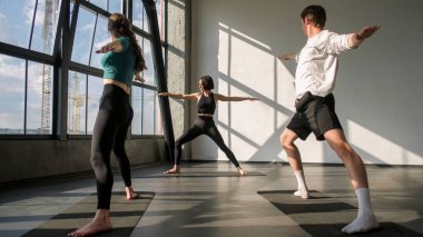 Yoga grubu. Denge egzersizi. Formda insanlar, spor salonundaki spor minderinde bayan fitness eğitmeniyle Asana 'ya pilates dersi veriyor..