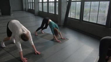 Pilates sporu. Yoga asana. Grup üyeleri denge egzersizi yapıyor köpek pozisyonuna bakıyor kadın fitness hocası içeride spor salonunda minder üzerinde kas geriyor..
