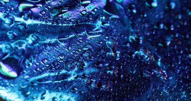 Parlak damlalar. Nem metali. Mavi ışıklı bölge sulandırılmış folyo etkisi ile kaplı. Pürüzsüz odaklanmış nem oranı cam arka plan buğulanması.