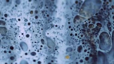 Yağlı sıvı dalgası. Boya dökülmüş. Bulanık mavi, siyah, ıslak, köpüklü, mürekkep emülsiyonu, parlak, altın parçacıklar, soyut arkaplan akışı..