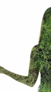 Dikey video. Doğa uyumu. Zihin sükuneti. Meditasyon yapan kadın siluetinde yeşil yapraklar. Beyaz arka planda çift pozlama izole edilmiş..