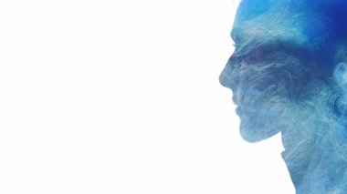 Ruhsal aydınlanma. Esrarengiz enerji. Mavi parıltılı ruhani sis çift pozlama profili beyaz fotokopi arkaplanda izole edilmiş barışçıl kadın silueti.