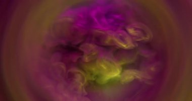 Sanat sıvısı. Boya sisi. Pembe, altın rengi parlak boya dalgası patlaması. Fantezi kumdan sisli suda çözünmüş yuvarlak kenarlı arka plan.