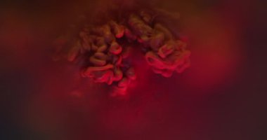 Duman dalgası. Puf boyası. Kırmızı turuncu girdap çözünmüş bulutlar renkli şişmiş suda ortaya çıkar. Işıldayan parlak peçeli sanat soyut akış arkaplanı.