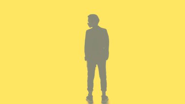 Erkek silueti. Lider hırsı. Çift pozlama arka plan çizgisi Akıllı iş adamının sarıya saplanmış başını çevirmesi.