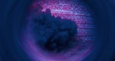 Duman patlaması. Pigment akışı. Matte sim spreyi pembe mavi akış karışım mürekkep bulutu parıldayan soyut arka plan dairesi bulanık su lensi üzerine.