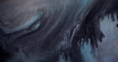 Grunge mermeri. Köpüklü boya. Simli sıvı parçacıklar ve mistik soyut arkaplan ile siyah gri sanat karışımı yayılıyor.