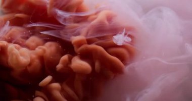 Fantezi dumanı. Boya dumanı. Suluboya dalgası kahverengi girdap beyaz suda yüzer. Odaklanamayan parçacıkların belirsiz dokusuyla gizemli mürekkep arkaplanı.