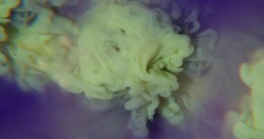 Boya fırçası. Renk sıçraması. Bulut sarısı boya mor suda çözünür. Sıvı sanat akışları soyut odaklanmış arka planda dumanlı çekim yapar.