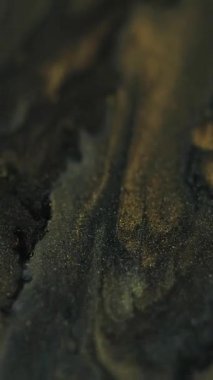 Dikey video. Parlak parlak boya. Mürekkep arkaplanı. Altın rengi parıldayan sıvı akrilik parıldayan siyah karışım hareketli soyut doku..