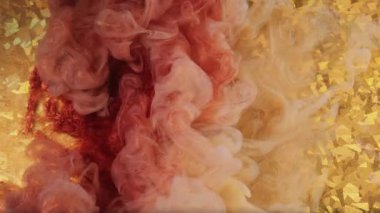 Boya şenliği. Parlak Noel balosu. Odaklanmamış altın rengi, bronz, beyaz, soyut, sarı, desenli, ışık desenli sanat eserlerine sıçramış mürekkep deseni..