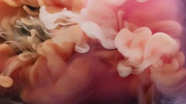 Duman bulutu. Mürekkep atışı. Beyaz sprey karışımı pembe turuncu sis akan sıvı. Kıvrımlı renkli suyu harmanlamak soyut arkaplan odaklanmış dokuyu bozar.