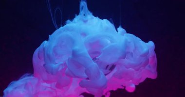 Neon bulutu. Boya sıçraması. Odaklanmamış beyaz pembe renk su dokusu soyut koyu siyah arkaplan üzerinde yüzen sıvı yuvarlak top.