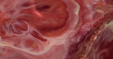 Mürekkep döküldü. Parlak lekeler. Soyut arkaplan üzerinde yüzen suda çözünmüş kırmızı sarı renkli mermer emaye desenli boya akışı.