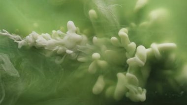 Dalga sisi. Sis mürekkebi. Kıvrımlı beyaz boya patlaması yeşil mermer su akışı. Renkli sanat sisi bulut patlaması sıvı yüzey bulanık arka plan.