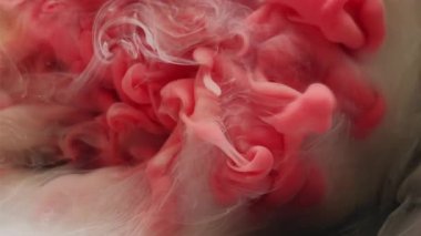 Duman spreyi. Pigment akışı. Pembe akış karışımı, arka planda beyaz peçe boyası. Soyut su, sıvı sanat dokusunu çözdü.