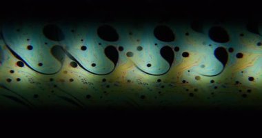 Kaleydoskop etkisi. Benzin yüzeyi. Renkli bulanık resim boyası sıvı siyah sıvı üzerinde akıyor. Mercek hareketini klonla soyut arkaplan.