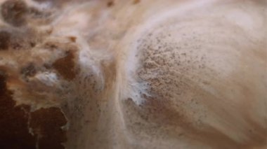 Boya parçacıkları. Dalga arkaplanı. Soyut yaratıcı sanat üzerine akan, çözünmüş kahverengi, beyaz, ışıl ışıl, kimyasal su karışımı bir nokta..