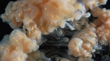 Duman sıvısı. Parıltı spreyi. Siyah arka planda altın bej rengi parlak bir sis patlaması. Tuhaf sanat dalgası dokusu soyut arkaplan.