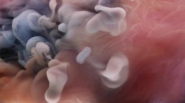 Dalga sisi. Sis mürekkebi. Kıvırcık gri boya, pembe şeftali rengi mermer su. Renkli sanat sisi patlaması sıvı yavaş çekim bulanık arkaplan.
