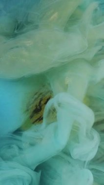 Dikey video. Parlak sis. Renkli su. Soyut mavi mürekkep dumanı parıltısı fırıl fırıl dönen boya bulutu altın çember şeklindeki çizgili zebra desenli arka plan.