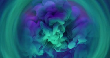 Duman bükme. Boya sıçraması. Parlak neon renkli su boyası girdabı. Pigment peçe sıvısı soyut arkaplan odaklanmış küre lensi.