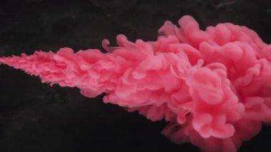 Duman patlaması. Boya yayılmış. Kırmızı, pembe, puf puf, kıvrımlı, siyah arka plana sıçramış. Odaklanmamış sanat soyut akış görüntüsü.