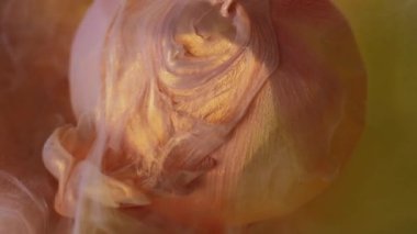 Parlatıcı dök. Işıldayan boya. Altın bej renkli parlak parçacıklar yuvarlak elmasa damlıyor. Soyut duman cilası çözünen bulanık sarı sanat arka planı.