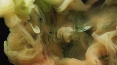 Duman sıvısı. Mürekkep sisi. Sarı yeşil renk akışı fantezi pigmenti çözünmüş su siyah sanat soyut mistik arka planda çözünür.