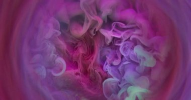 Sanat sisi. Renkli dalga. Pembe mor çözünmüş ıslak karışım dumanlı su arka planı. Soyut küre neon boya şişme mercek tarafı..