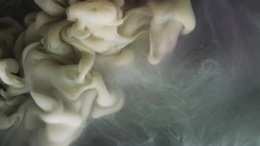 Boya sisi. Boyayla boyanmış. Beyaz bej su altı mürekkep akıntısı gri siyah bulanık mistik sıvıda yüzüyor. Sanat dokusu soyut renk sıvı arkaplanı.