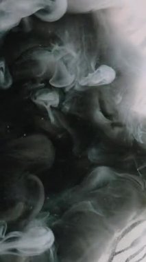 Dikey video. Renkli mürekkep. Sisli doku. Yaratıcı siyah kümülonimbus taklit karışık beyaz boya parçacıkları zebra çizgili soyut arkaplan.