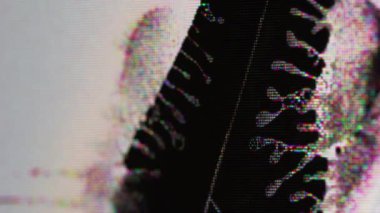 Çatlak göster. Kırık monitör. Işık tanecikli bozulma yayın ekranına siyah sıvı yayan odaksız dalga. Kırık piksel dokusunun gökkuşağı parıltısı.