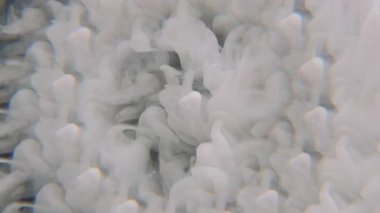 Sis bulutu. Sıvı mürekkep. Odaksız beyaz süt buharı dokusu ruhani dalga su akışı soyut sanat üzerinde yüzüyor koyu siyah zemin.