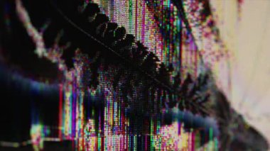 Grunge pikseli. Matris hasarı. Kırık bilgisayar arızası görüntüsünün renkli arızası. Siyah sıvı çözünmüş cam çatlakları arasında biçimsizce yayılır..