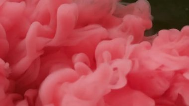 Sis sıvısı. Boya yayılmış. Kırmızı, pembe, puf puf, kıvrımlı, siyah arka plana sıçramış. Odaklanmamış sanat soyut akış fırtına çekimi.