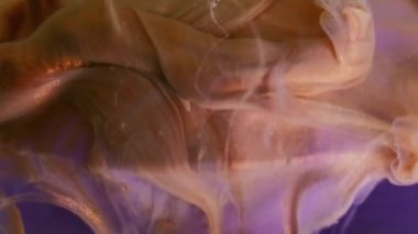 Parıltı buharı. Sanat bulanıklığı. Işıldayan altın sarısı portakal suyu dalgası menekşe suluboya çözünmüş mürekkep karışımının arka planına düşüyor..