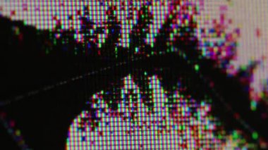 VHS sesi. Hasarlı TV matrisi. Grunge, telefon tableti ekranının kumlu piksel yüzeyini kırmış. Yayın eşleşmesi çalınırken arıza hatası.