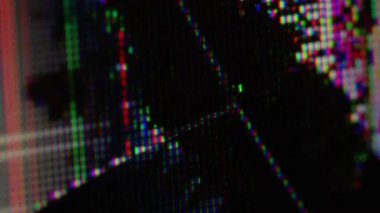 Grunge matrisi. Monitör kaplaması. Paramparça olmuş dijital ekran rengarenk alevlerle dolu. Çatlak analog statik hata grunge ağ efekti.