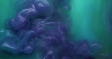 Dalgalanma arka planı. Sis girdabı. Bulanık, mor, yeşil, kimyasal, kıvrımlı, ışıltılı emülsiyon akışı akrilik soyutlamaya yayılıyor..