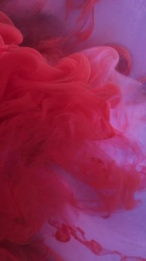 Dikey video. Suyu boya. Renkli duman bulutu. Su altında sıçrama. Soyut arkaplanda canlı kırmızı mor patlama buhar dalgası sanat dokusu.