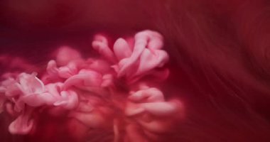 Su altyapısı. Boya rengi. Odaklanmamış pembe kırmızı bulut dokusu, sıvı kimyasal sıvıyı soyut sanat eserlerine yayıyor..